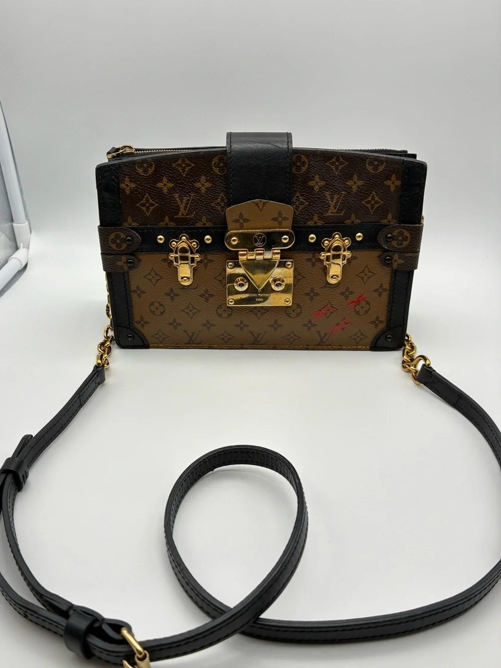 Louis Vuitton Brown reverse Monogram Trunk clutch crossbody Bag with COA